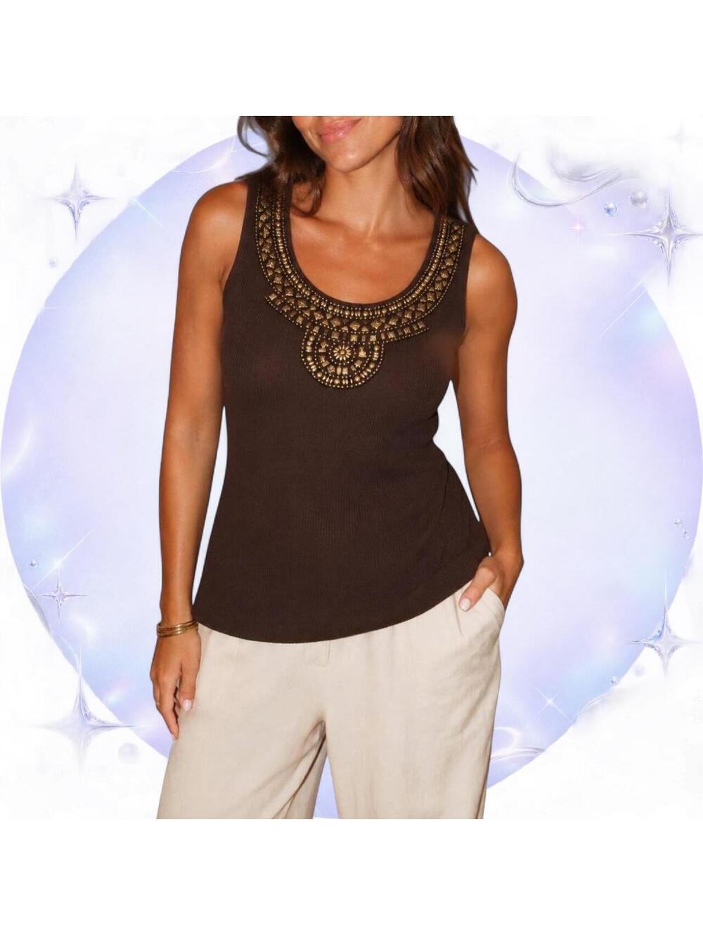 Ruby Rd Y2K Brown Beaded Embellished Knit Tank Top Petite Large
